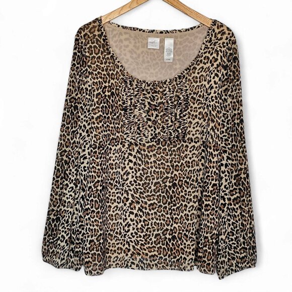 Emma James Top Size 3X Leopard Animal Print Sheer Long Sleeve Ruched Front - Picture 1 of 11